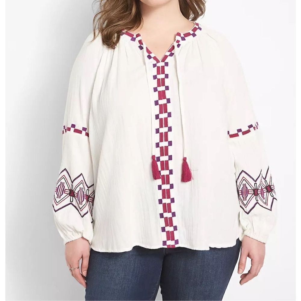 Lane Bryant NWT Classic Split-Neck Embroidered Peasant Blouse plus size 26